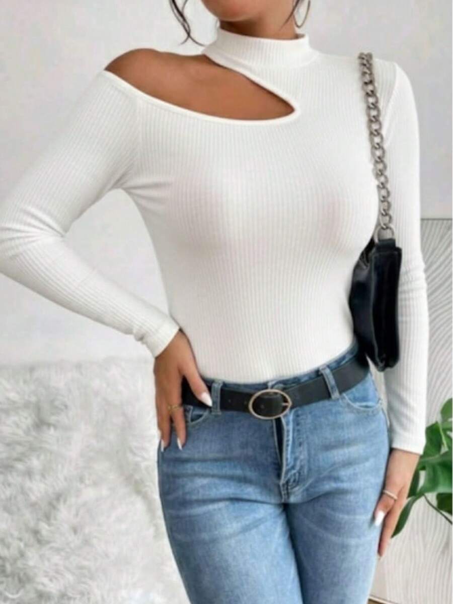 Women's Long-Sleeved T-Shirt Blouse In Suplex Fabric With A High Neck And Asymmetrical Cut, Ideal For Dates And Casual Wear - 白色 - 查看 1