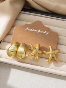 4/6/16 Pcs/Set Fashion Gold Starfish, Smooth Water Drop, Vertical Striped Water Drop C-Shaped Earring Set, Suitable For Summer Travel And Daily Vacation Wear - Gold - View 5