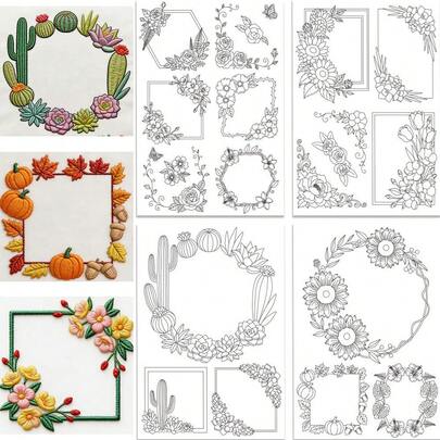 مثبت التطريز القابل للذوبان في الماء، أنماط مطبوعة مسبقًا لإكاليل الزهور والأشواك والحدود النباتية للخياطة اليدوية