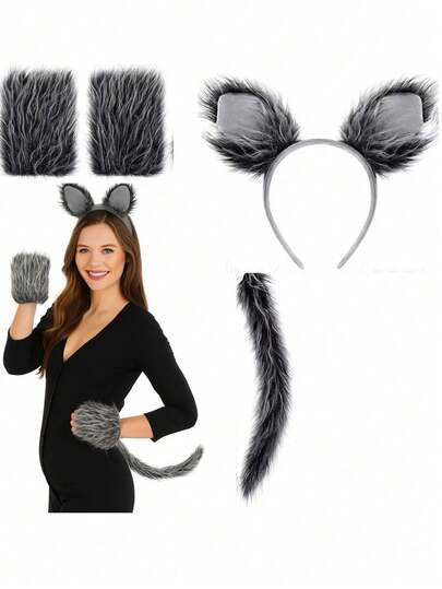 Bộ trang phục sói xám phong cách retro thập niên 80-90 gồm 3 món: 1 đôi găng tay xám + 1 băng đô tai sói + 1 đuôi sói, thích hợp cho các bữa tiệc theo chủ đề, sự kiện chủ đề động vật, tiệc hóa trang.