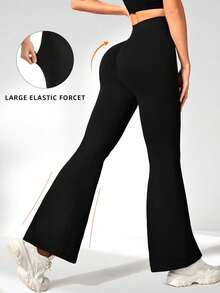 1pc High-Waisted Tight Fit Pants For Women, Minimalist Slimming Flared Leggings, Solid Color Yoga Wide Leg Pants, Elastic Loose Casual Sports Trousers With Waistband And Logo, Lifting Buttocks And Slimming Waist - Black - View 4