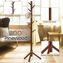 Solid Wooden Coat Rack Freestanding New Zealand Pine Brown 8 Hooks Adjustable Sizes Space Saving Coat Tree For Entryway Office Bedroom Home - Brown - View 3