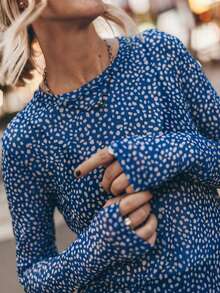 VIBEWAVE Vintage French Style Long Sleeve Dress, Slimming Sexy Sheer Vacation Flowy Round Neck Dress - Blue - View 4