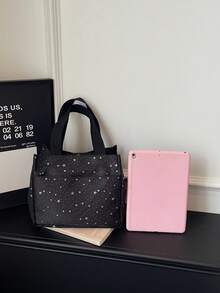Nouveau sac à bandoulière en tissu imprimé étoiles à la mode, ouverture à fermeture éclair, sac carré doux et léger de petite capacité minimaliste et décontracté - Noir - Voir 4