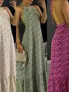 Women's Backless Halter Dress With Padded Cups H-6 - Fresh Green - View 1