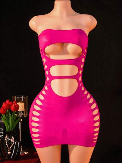 1 pieza Lencería sexy para mujer, Camisón tipo top tubo, minifalda sin tirantes calada, atuendo de chica sexy, cubridor de bikini, perfecto para noches de fiesta, salir y citas románticas, lencería tipo babydoll, lencería negra