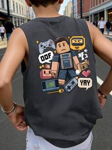 Boys' Pixel Game Character Loose Fit Sleeveless Tank Top, Casual Summer School/Street Style - Dark Grey - View 1