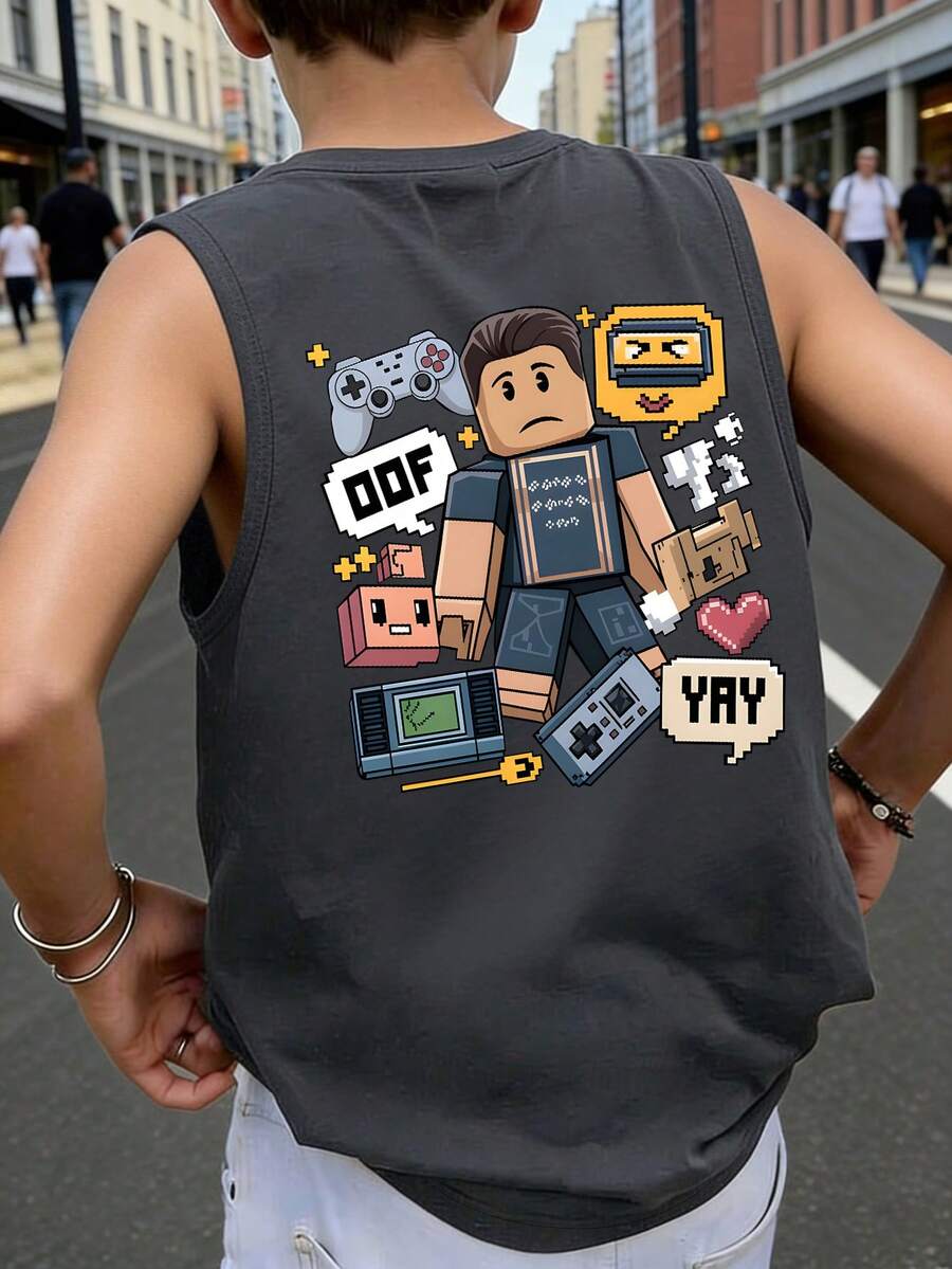 Boys' Pixel Game Character Loose Fit Sleeveless Tank Top, Casual Summer School/Street Style - Dark Grey - View 1