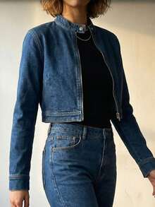 Women's Stretch Denim Jacket Short Length - Cropped Casual Jean Jacket With Zipper Front & Long Sleeves For Layering (Comfortable Fit) - Dark Wash - View 3