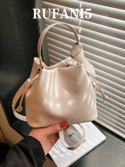 Fashionable New Solid Color Mini Lychee Pattern Simple Handbag, Classic And Versatile Drawstring Bucket Shaped Women's Diagonal Shoulder Bag, Suitable For Shopping, Wallets, Shopping, Young Women, College Students, Newcomers, And White-Collar Workers. They Are Very Suitable For Offices, Universities, Work, Business, Commuting, Outdoor Activities, Travel, And Outings