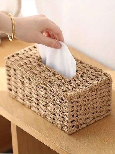 Soporte tejido a mano para caja de pañuelos - marrón natural, estilo vintage de granja, se puede colgar de pie o montar con adhesivo, perfecto para salas de estar, oficinas y baños - elegante decoración de mesa con textura similar a la ratán