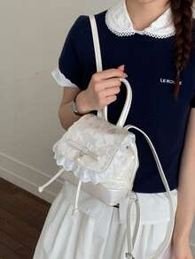 Cute Bow Lace Strap Girly Feeling Backpack, Elegant Small Backpack - Beige - View 6