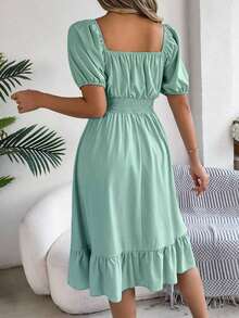 Women's Spring Summer Casual Ditsy Floral Print Dress Short Puff Sleeve Drawstring Waist Flowy A-Line Midi Dress Boho Beach Vacation Holiday Outfit - Màu xanh Bạc hà - Xem 4