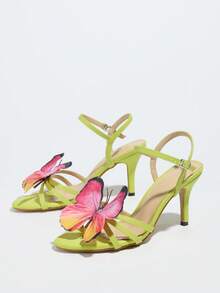 Women's High Heel Sandals, Suitable For Spring/Summer Night Parties, Outdoor Occasions, Fashion Parties. Features Round Toe, Shiny Criss-Cross Straps, Floral & Butterfly Decor, Soft Leather-Like Material, Adjustable Ankle Strap, Elegant Fluorescent Green Color, Formal Wear - Fluorescent Green - View 6