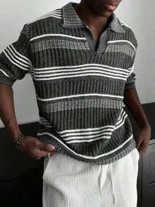 Men's Hollow Out Semi-Sheer Striped Knit Short Sleeve Polo Shirt, Comfortable Breathable Lightweight Knit Top For Casual Wear, Suitable For Vacation And Valentine's Day - 深灰色 - 查看 4