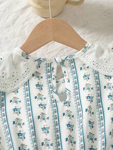Girls Casual Floral Print Dress With Ruffle Collar, Princess Sleeves And Keyhole Back Design, Knee-Length, Summer - White - View 4