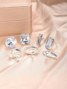 7pcs Set Rhinestone Acrylic Round & Square Open Ring Jewelry, Women's Crystal Detachable Adjustable Bracelet Ring - Silver - View 6