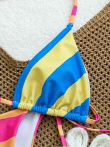 Onefish Colorblock Stripe Triangle Halter Neck Adjustable Tie Removable Padding Bikini Top Paired With Matching Tie Side Bikini Bottom Two Pieces Bikini Set Vacation Beach - Pink - View 5