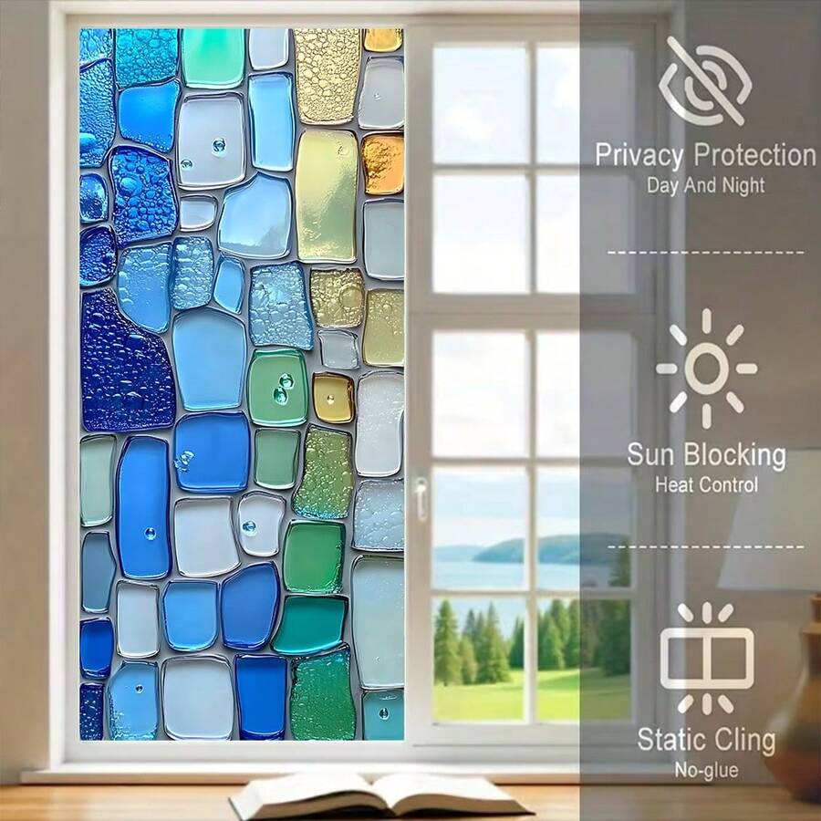 1/4pcs Blue Ocean Stone Colored Privacy Window Film, Reusable PVC Electrostatic Adsorption Window Film, Suitable For Bathrooms And Kitchens, Creating A Beautiful Room Decor. - Electrostatic Abrasive Film - View 1