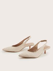 Giày sandal cao gót mũi nhọn bằng satin chấm bi đa năng, thanh lịch, kiểu dáng retro dành cho nữ, phù hợp cho đám cưới, đi làm, hẹn hò, dự tiệc, kỳ nghỉ. - Màu be - Xem 3
