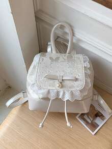 Cute Bow Lace Strap Girly Feeling Backpack, Elegant Small Backpack - Beige - View 2