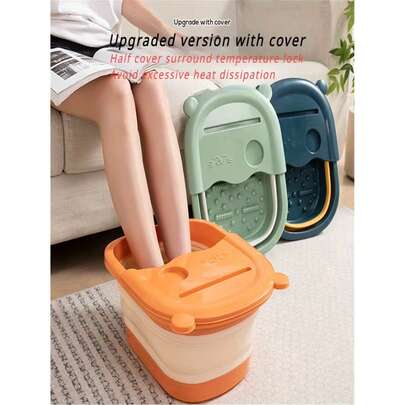 1 chậu ngâm chân gấp gọn di động có lỗ massage, làm bằng nhựa bền, có ba màu: xám, xanh lá cây và cam. Sản phẩm có xô nhựa đa chức năng với nắp hình tai mèo và tay cầm, thích hợp để ngâm chân, spa chân.