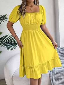 Women's Spring Summer Casual Ditsy Floral Print Dress Short Puff Sleeve Drawstring Waist Flowy A-Line Midi Dress Boho Beach Vacation Holiday Outfit - Yellow - View 5