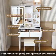 Small White Dressing Table With Mirror / Modern Dressing Table / Adjustable LED Lighting & Socket / Includes Upholstered Stool, Hidden Storage & Shelf / Easy To Assemble / Suitable For Bedrooms And Dressing Rooms, W60/H136/D36cm. - White - View 5