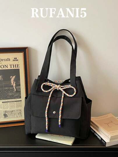 Bolso de mano de gran capacidad con diseño de solapa y múltiples bolsillos de unicolor, un bolso de hombro casual y versátil práctico con cordón, adecuado para compras, carteras, compras, mujeres jóvenes, estudiantes universitarios, recién llegados y trabajadores de cuello blanco. Son muy adecuados para oficinas, universidades, trabajo, negocios, viajes al trabajo, actividades al aire libre, viajes y salidas