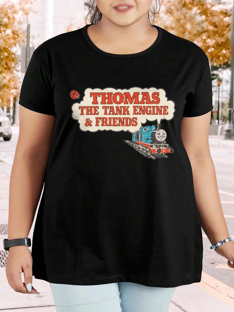 Thomas The Tank Engine Ladybird Books Cover Oversize Vintage Women T-Shirt Large Size Thomas And Friends TTTE Bookworm Apparel Ladies Ladieswear Fashion Top - 黑色 - 查看 1