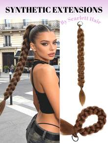 Synthetic Long Twist Braid Ponytail Extensions With Rubber Band 24 Inch Boxing Braided Hair Extensions For Women Daily Use,Braided Long Ponytail Extensions With Elastic Band Hair Black Brown Blonde Braids Pony Tail Hair,Girls Daily, Music Festival - Multicolor - View 5