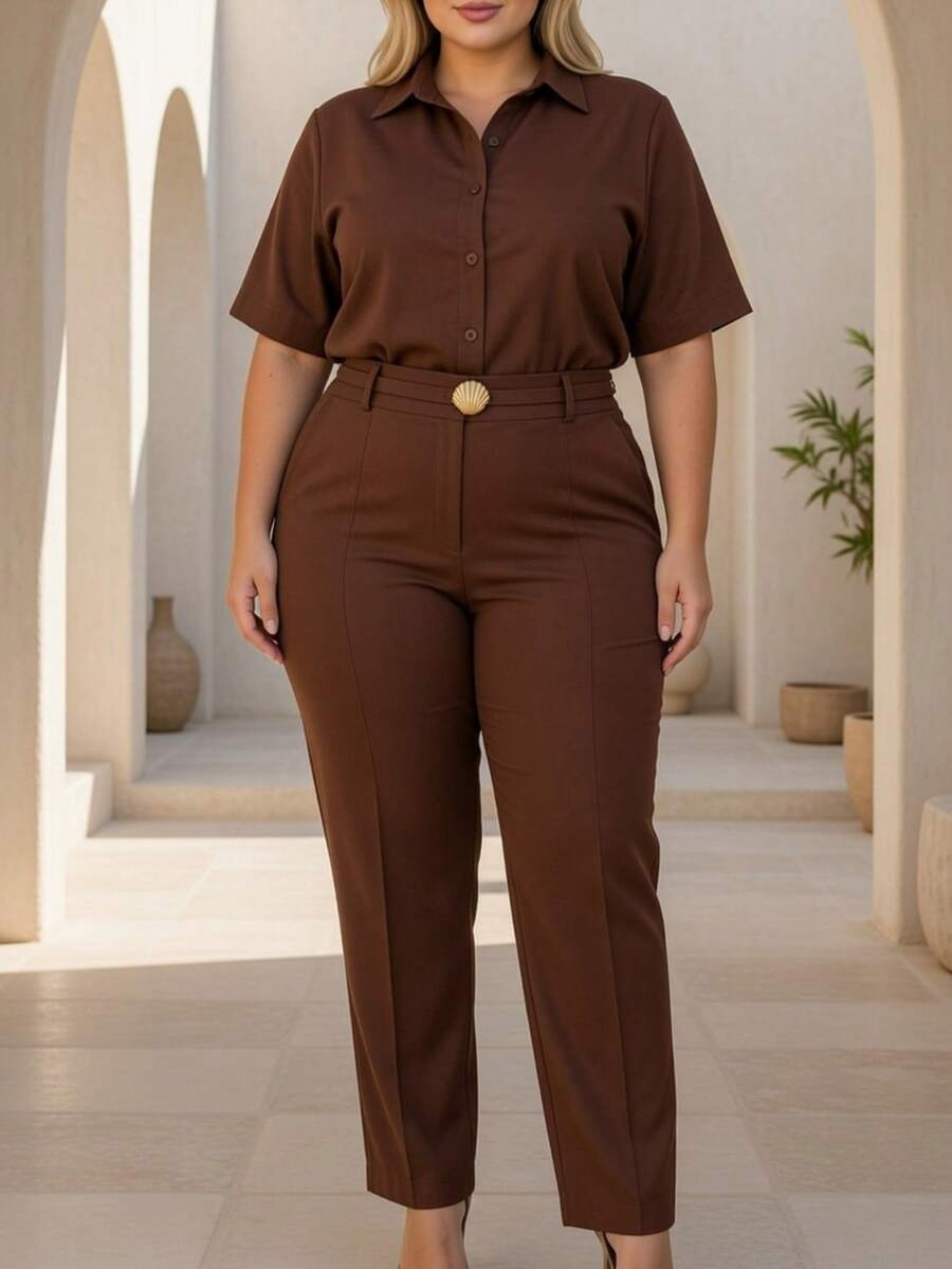 Women's Plus Size Set - Elegant Shirt And Pants - Rỉ Nâu - Xem 1