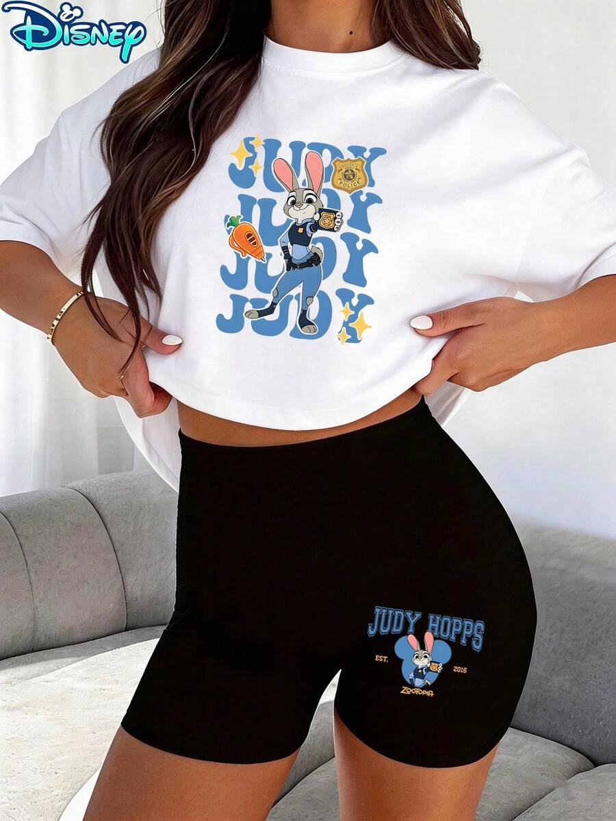 Disney Two-Piece Set, T-Shirt + Shorts Outfit, Cute Judy Hopps Badge Graphic Print Casual Set, Comfortable Short Sleeve T-Shirt And Shorts Ensemble, Perfect For Outdoor Activities - 白色 - 查看 1