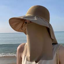 女士二合一沙滩遮阳帽，带面罩，可折叠宽檐夏季防紫外线帽，适合钓鱼、徒步、旅行、露营、度假等场合。 - A - 查看 15