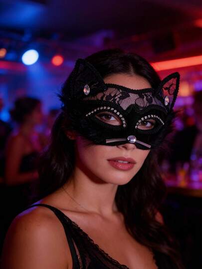 1 pieza Máscara de gato estilo veneciano de encaje y piel sintética con decoración de cristal, adecuada para bailes, fiestas y eventos de disfraces