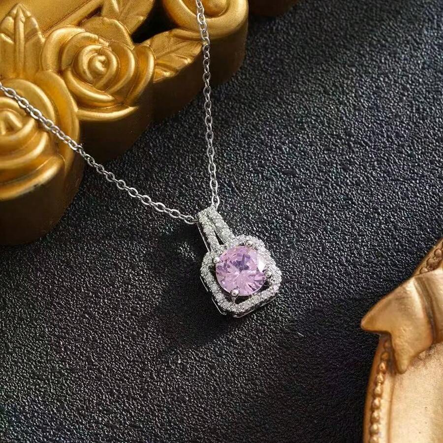 1 chiếc mặt dây chuyền hình vuông đính đá Cubic Zirconia cho nữ - Hồng - Xem 1