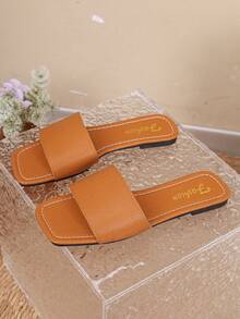 Women's Flat Sandals, Embossed Fashion Open Toe Solid Color Slide Slippers, Comfortable Casual Home Mule Sandals - Brown - View 5