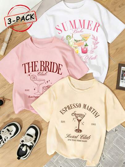 3pcs Women's Summer Round Neck Short Sleeve T-Shirt, Cocktail English Print