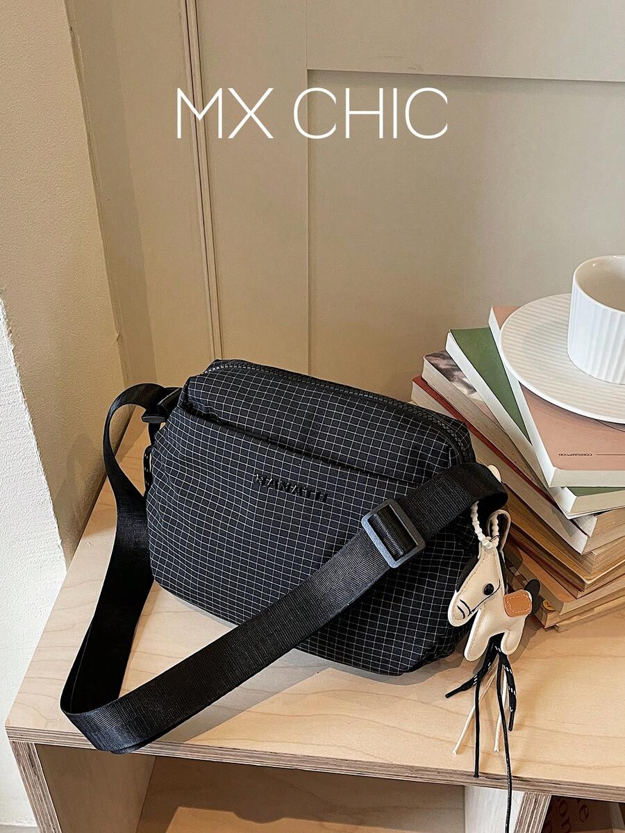 1个女士尼龙格子单肩斜挎包，多隔层时尚休闲运动手提包，适合购物和送礼 - 黑色 - 查看 1