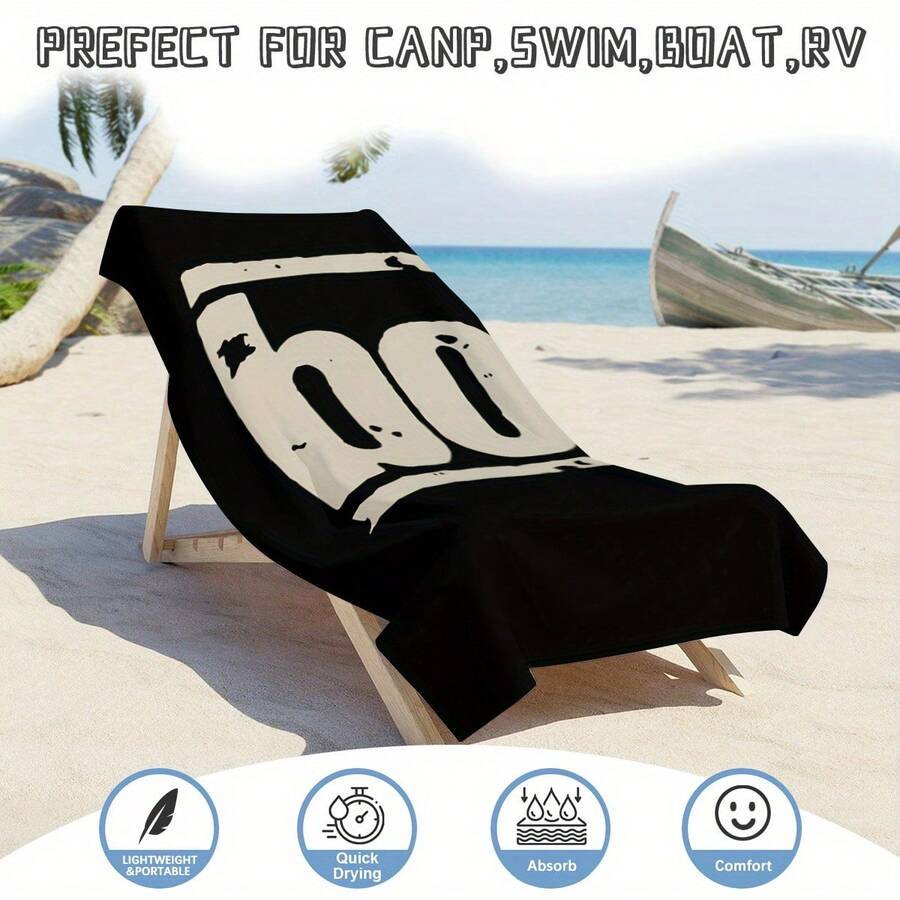 1pc Bohse Onkelz Quick-Dry Anti-Sand Beach Towel - Distressed BO Print Modern Design, Durable Extra Large Absorbent Microfiber Towel, Suitable For Pool, Yoga, Spa, Gym And Bathroom - Black With White Letters - Beach Travel Anti-Sand Towel Blanket - A - View 1