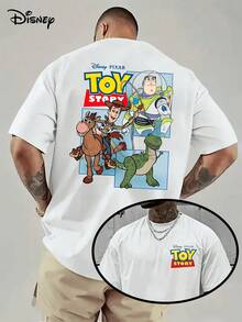 [Disney Licensed]Disney Series & Toy Story Patterned Cotton T-Shirt-Woody And Buzz Lightyear Fun Linkage Pattern Printing, Casual Round Neck T-Shirt, Double-Sided Printed Design, Very Suitable For Disney Fans And Casual Clothes, Everyday T-Shirts With Interesting Patterns And Comfortable Styles, Disney Shirts, Mens Clothes, Summer Clothes, Officially Licensed Disney T-Shirts, Disney Men's And Women's Spring/Summer Fashion Casual Short-Sleeve T-Shirts - White - View 1