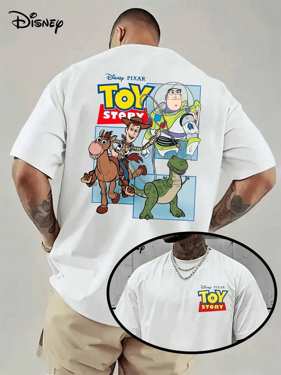 [Disney Licensed]Disney Series & Toy Story Patterned Cotton T-Shirt-Woody And Buzz Lightyear Fun Linkage Pattern Printing, Casual Round Neck T-Shirt, Double-Sided Printed Design, Very Suitable For Disney Fans And Casual Clothes, Everyday T-Shirts With Interesting Patterns And Comfortable Styles, Disney Shirts, Mens Clothes, Summer Clothes, Officially Licensed Disney T-Shirts, Disney Men's And Women's Spring/Summer Fashion Casual Short-Sleeve T-Shirts - White - View 1