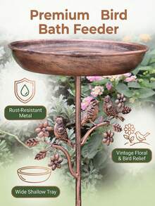 76cm High 24.2cm Diameter Vintage Copper-Color Iron Bird Bath, Decorated With Bird And Branch Relief, Suitable For Outdoor Garden Decor, Bird Feeding And Drinking - T-tK93 - View 4