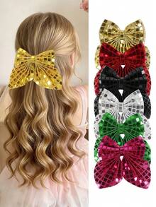 1pc Women's Glitter Bow Hair Clip, Shiny Grid Pattern Hair Barrette, Cute Party Performance Hair Accessory - Multicolor - View 1