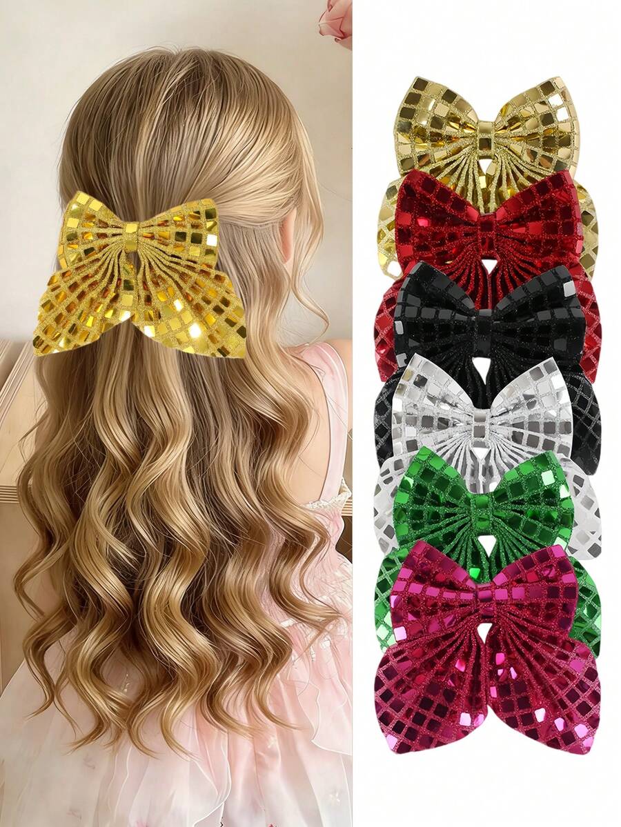 1pc Women's Glitter Bow Hair Clip, Shiny Grid Pattern Hair Barrette, Cute Party Performance Hair Accessory - Multicolor - View 1