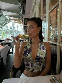 Women's Personalized Print Sexy Halter Backless Fitted Camisole Summer - Olive Green - View 1