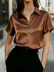 Women's Satin Shirt, Sleeveless Collared Button-Up Shirt, Non-Stretch Regular Fit, Suitable For Summer, Spring, And Autumn - Coffee Brown - View 7
