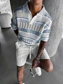 Men's Hollow Out Semi-Sheer Striped Knit Short Sleeve Polo Shirt, Comfortable Breathable Lightweight Knit Top For Casual Wear, Suitable For Vacation And Valentine's Day - 彩色 - 查看 5