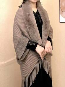 1件女士秋冬新款连帽斗篷，带人造毛领，保暖流苏针织开衫 - 純色 - 查看 4