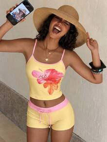 Bộ đồ bơi Tankini in họa tiết nhiệt đới dành cho nữ, bao gồm áo ngực tích hợp và áo hai dây đi biển. - vàng nhạt - Xem 5
